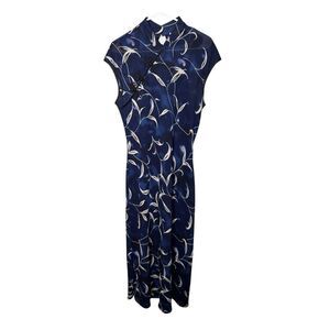 Ronni Nicole Blue Floral Oriental-Style Cheongsam Midi Dress (Fits Medium)